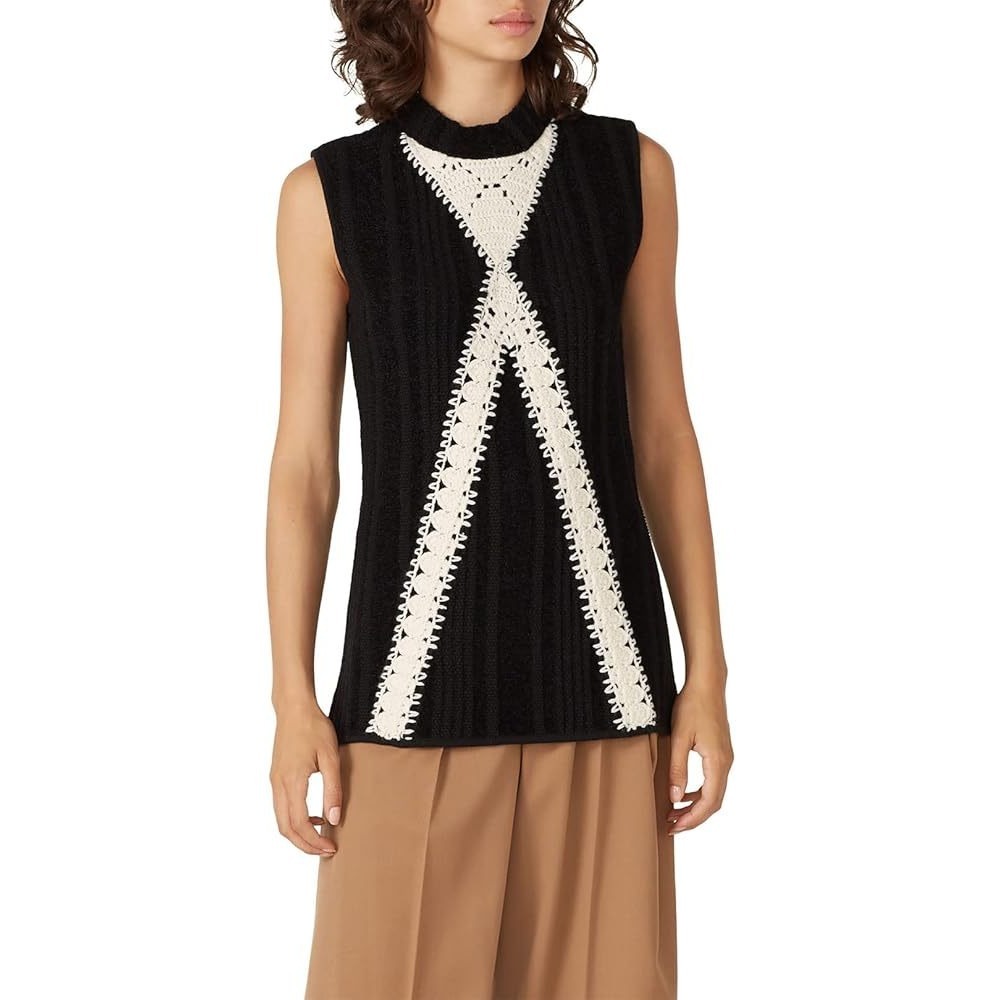 THAKOON COLLECTIVE Black Mock Neck Sleeveless Knit Sweater Crochet Detail Size S